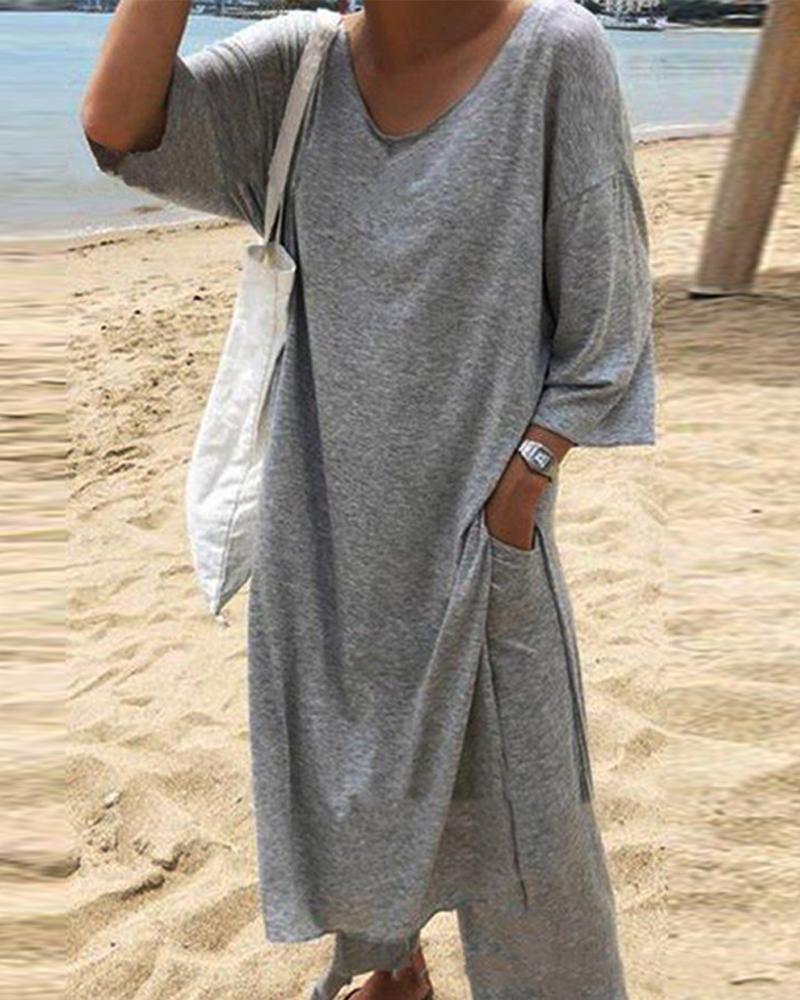 

V Neck Side Split Shift Dress, Gray