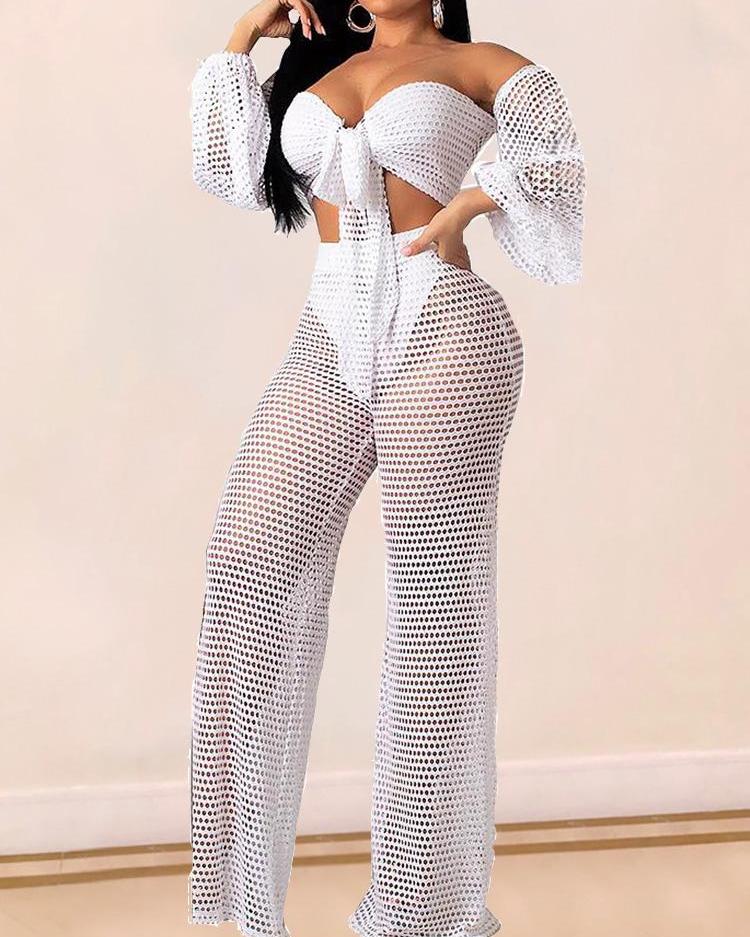 

Sheer Off Shoulder Fishnet Crop Top & Pant Sets, White