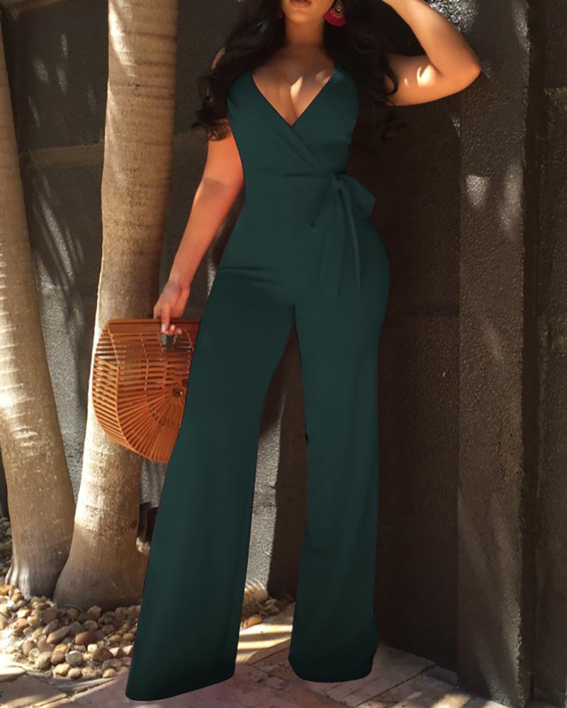 

Oversize Halter Backless Belted Deep V Wrap Jumpsuit, Army green