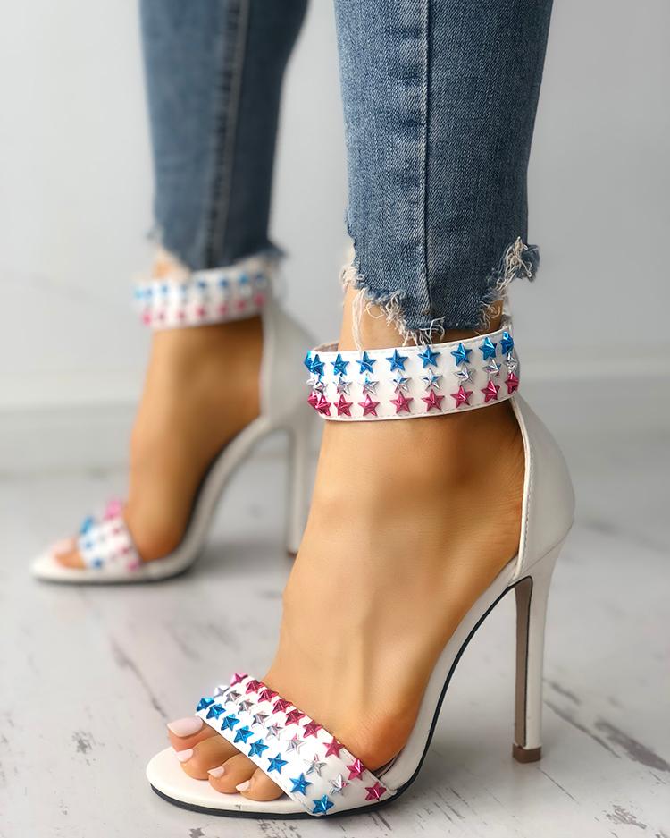 

Star Embellished Single Strap High-heeled Sandals, White