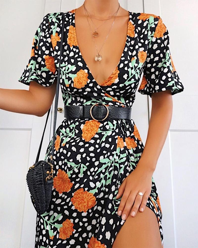 

Floral Dot V-Neck Dress, Black