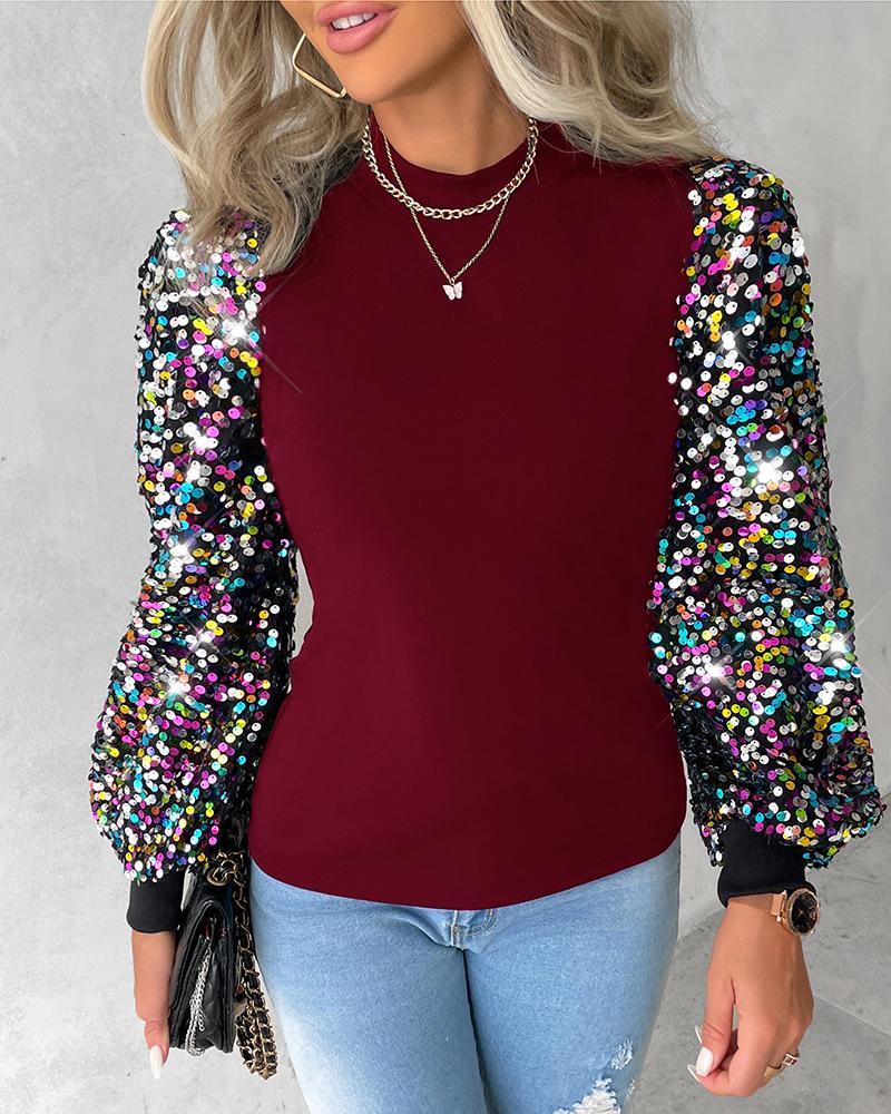 

Mock Neck Lantern Sleeve Sequins Colorblock Insert Blouse, Dark red
