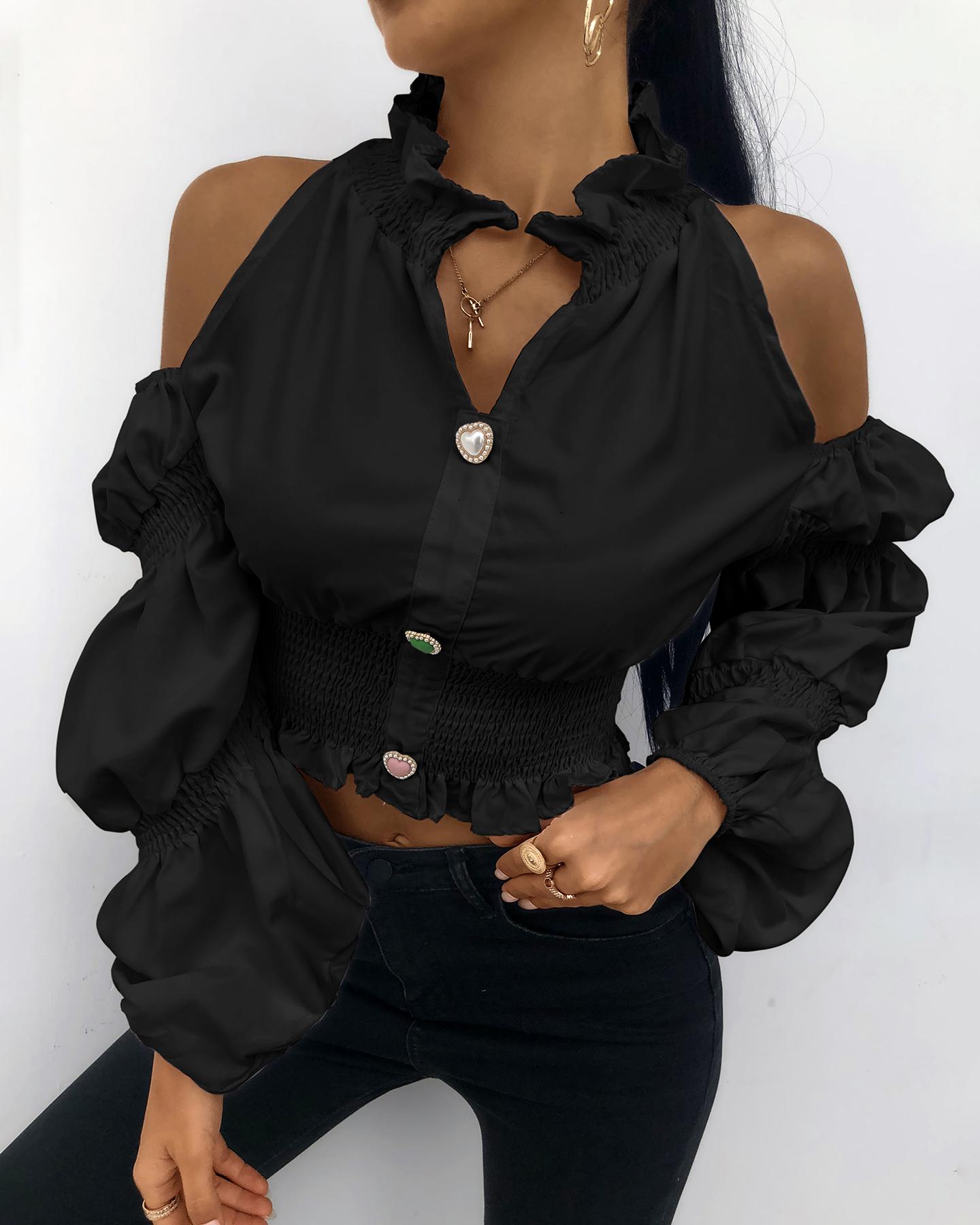 

Puffed Sleeve Ruffles Cutout Blouse, Black