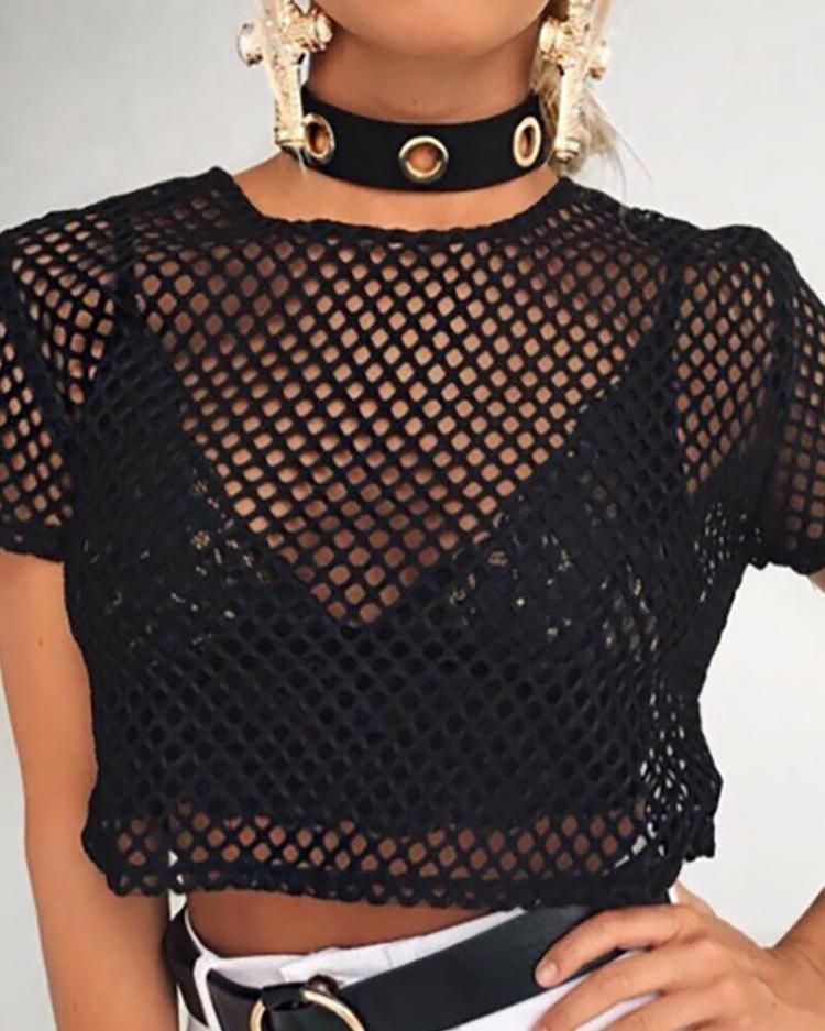 

Sheer Fishnet Short Sleeve Top, Black