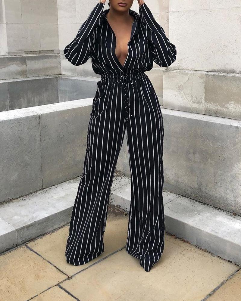 

Sexy Deep V Striped Jumpsuit, Black