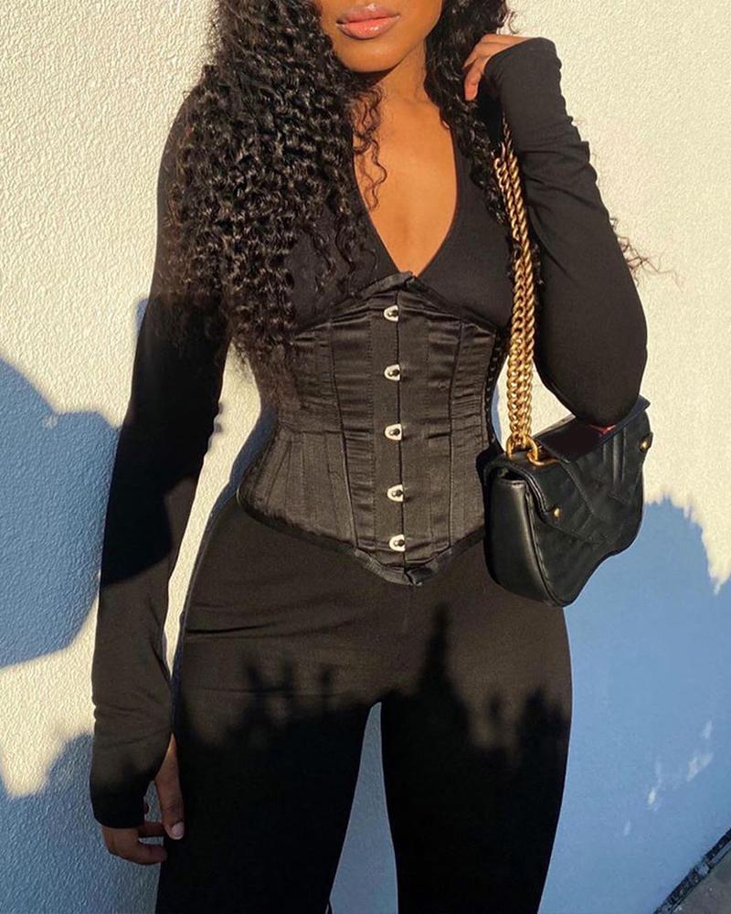 

Plain Fitted Jumpsuit With Eyelet Lace-up Corset, Black
