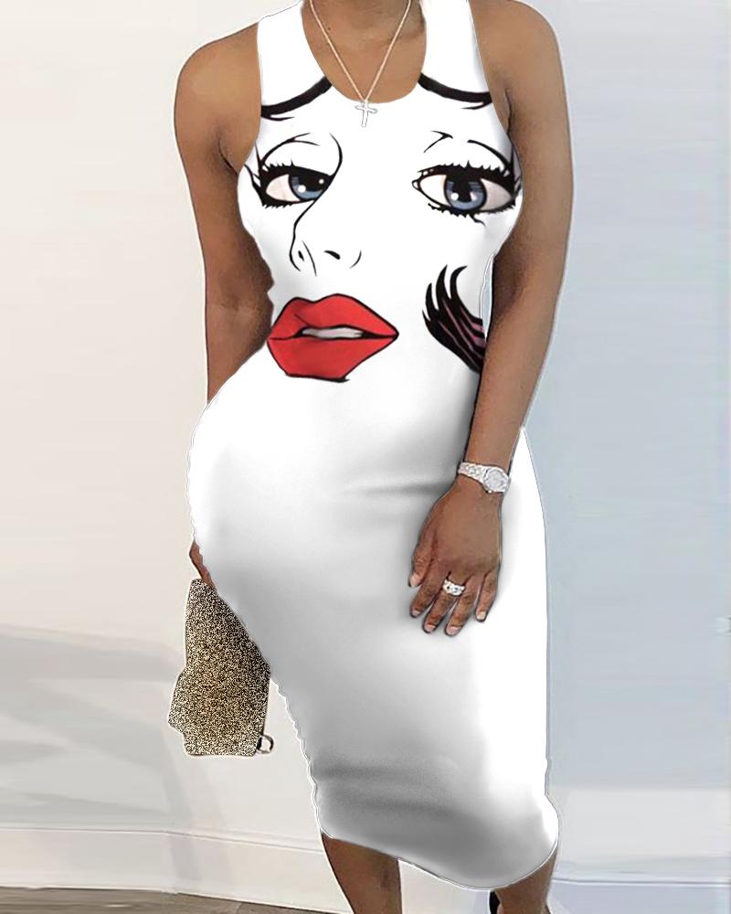 

Face Print Sleeveless Midi Dress, White