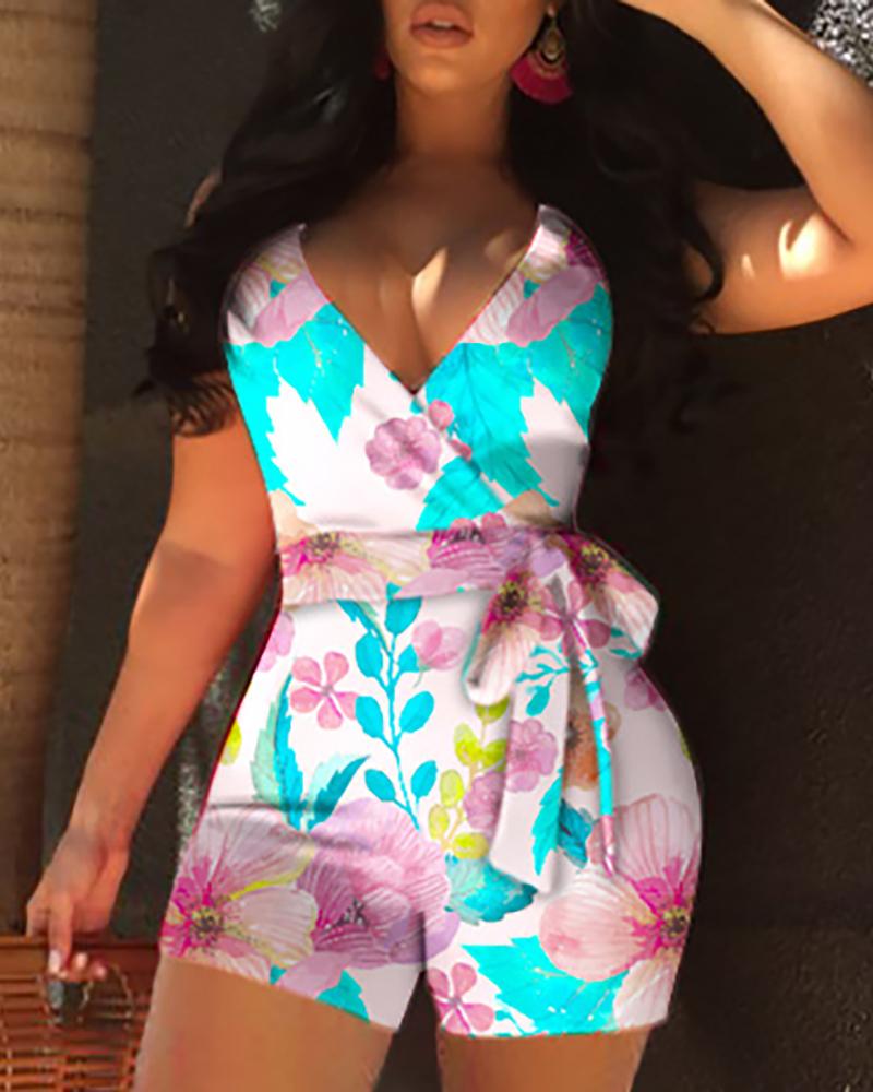 

Floral Print Wrapped Belted Sleeveless Romper, Light blue