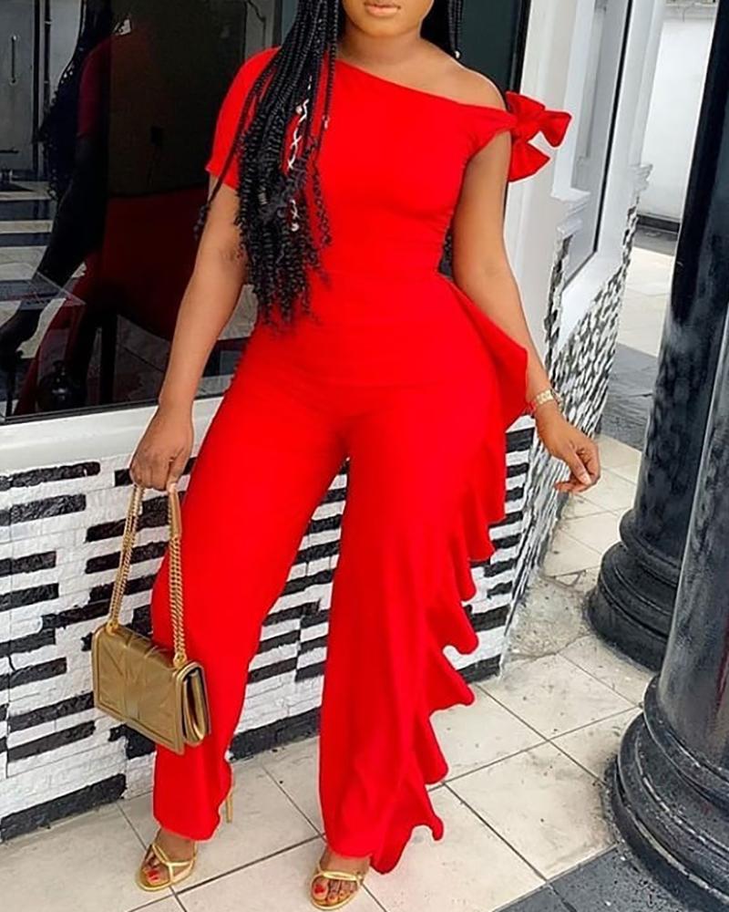 

Solid Ruffles Short Sleeve Jumpsuit, Red