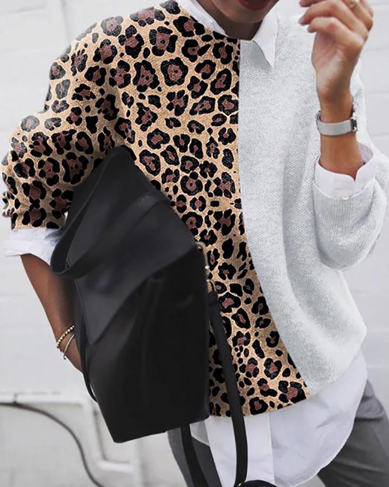 

Colorblock Leopard Print Knitting Sweater, White