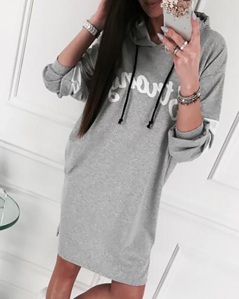 

Letter Print hooded Sweatshirt Dress, Gray