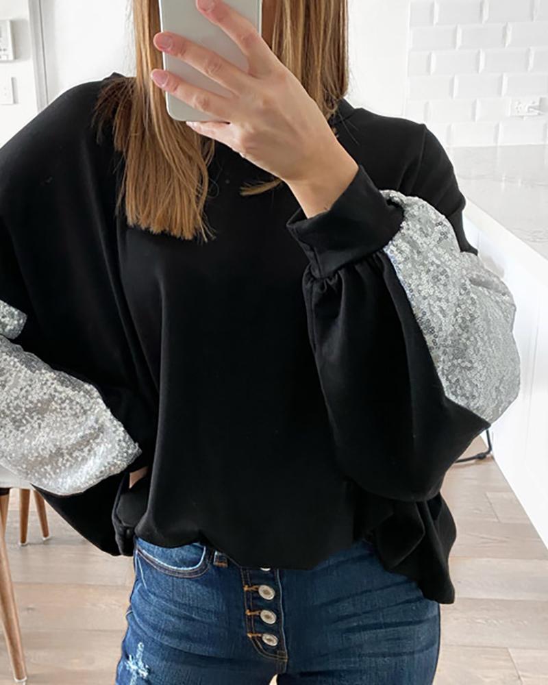 

Sequins Colorblock Lantern Sleeve Sweatshirt, Black