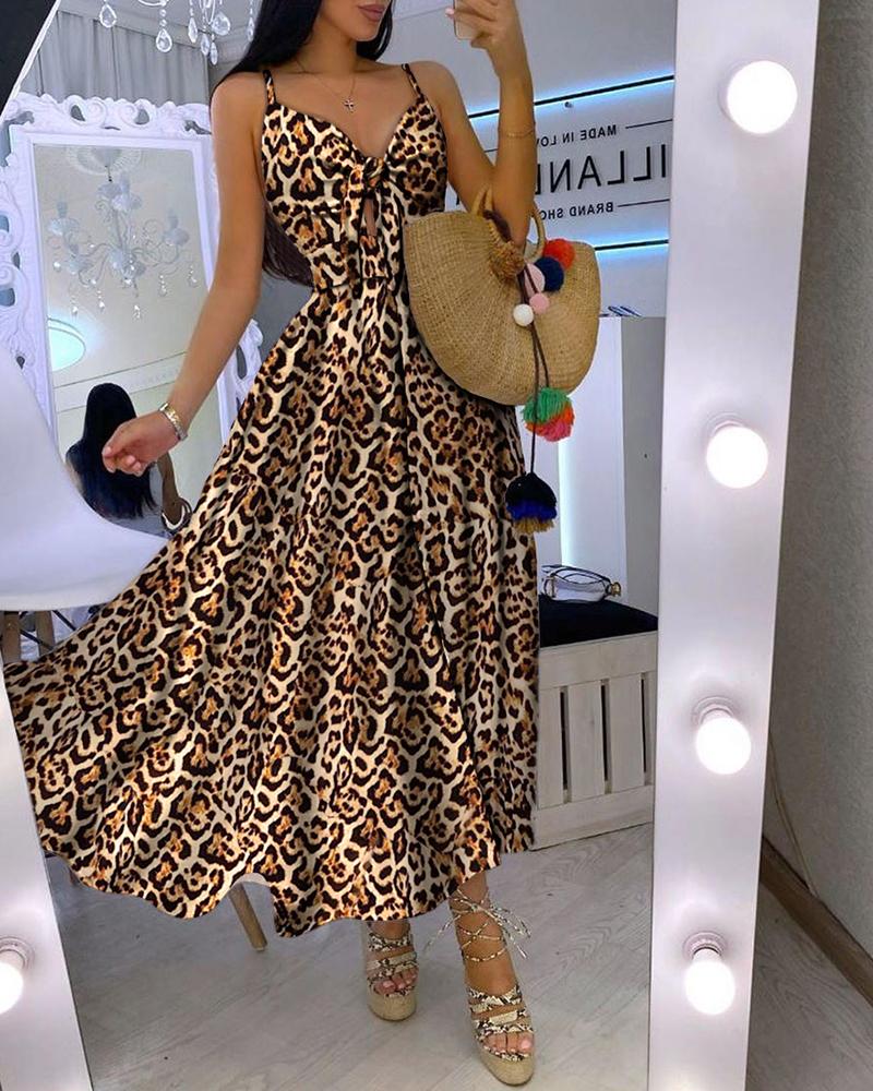 

Cheetah Print Knotted Front Cutout Button Maxi Dress, Leopard