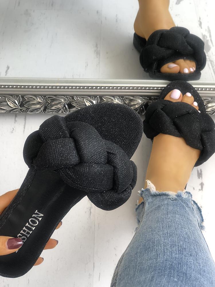 

Glitter Braided Design Flat Sandals, Black