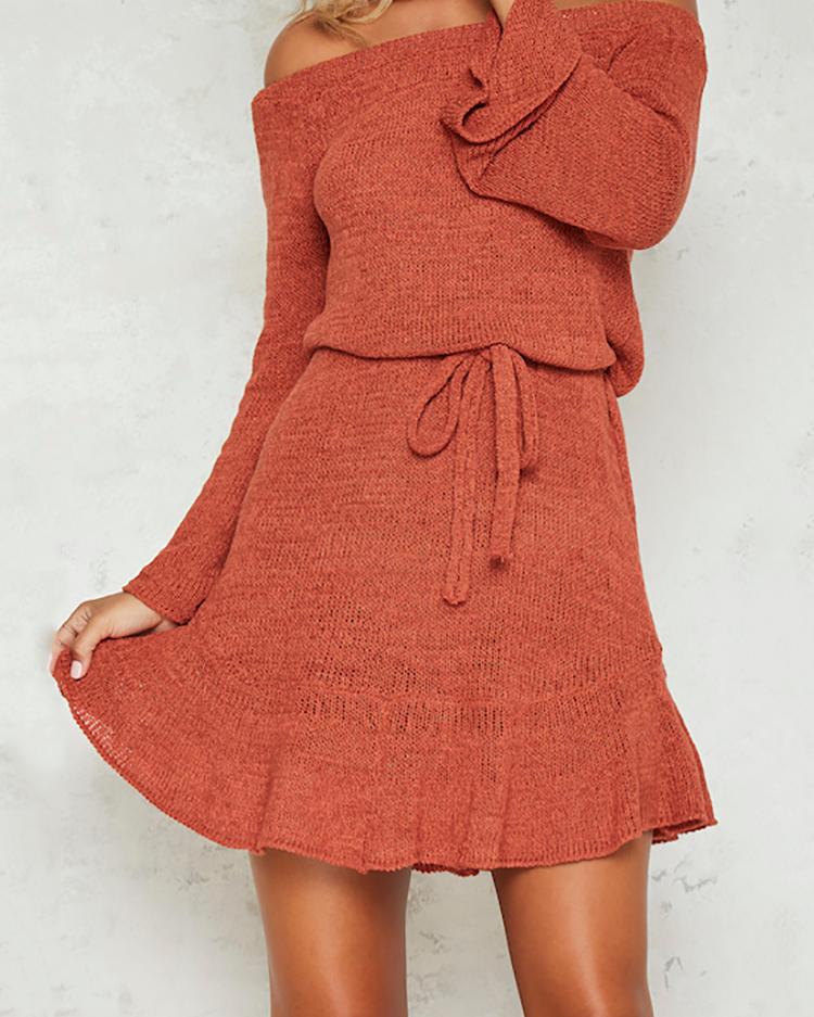 

Stylish Knitted Tied Off Shoulder Mini Dress, Orange