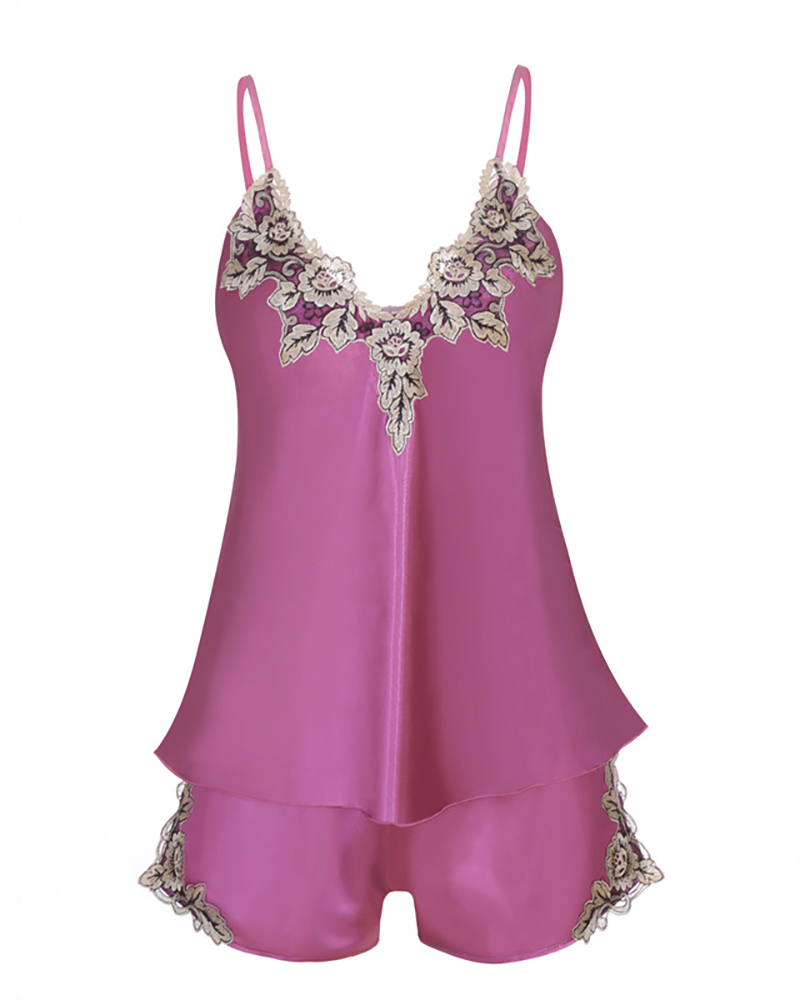 

Embroidery Floral Lace Trim Satin Cami Set, Purple