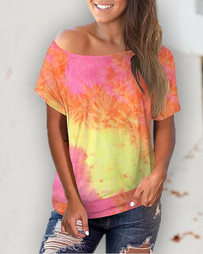 

Tie Dye Print Cold Shoulder Casual T-shirt, Orange