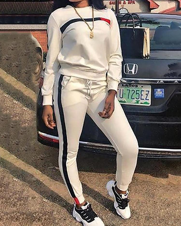 

Side Stripes Long Sleeve Drawstring Tracksuits, White