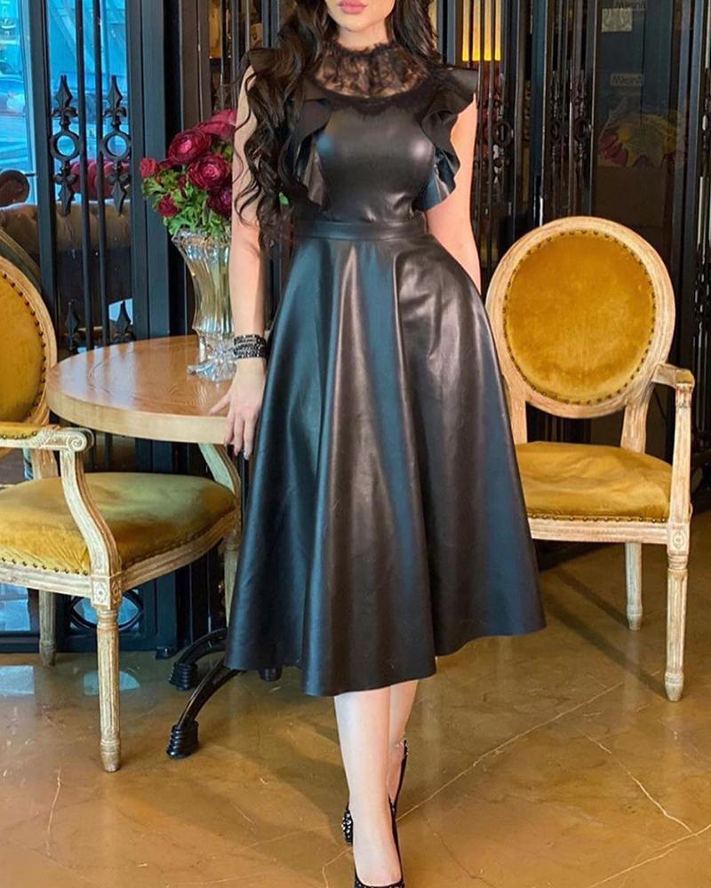 

Sleeveless Lace Trim Ruffles PU Leather Dress, Black