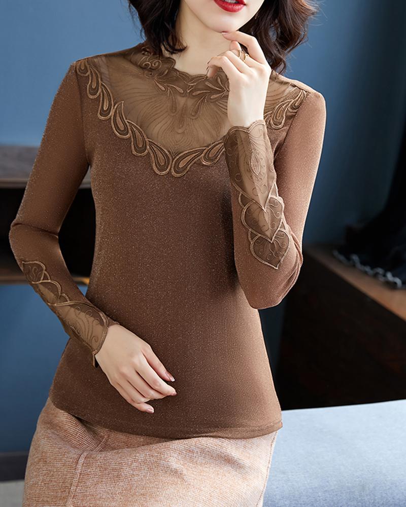 

Mesh Patchwork Long Sleeve Skinny T-shirts, Coffee