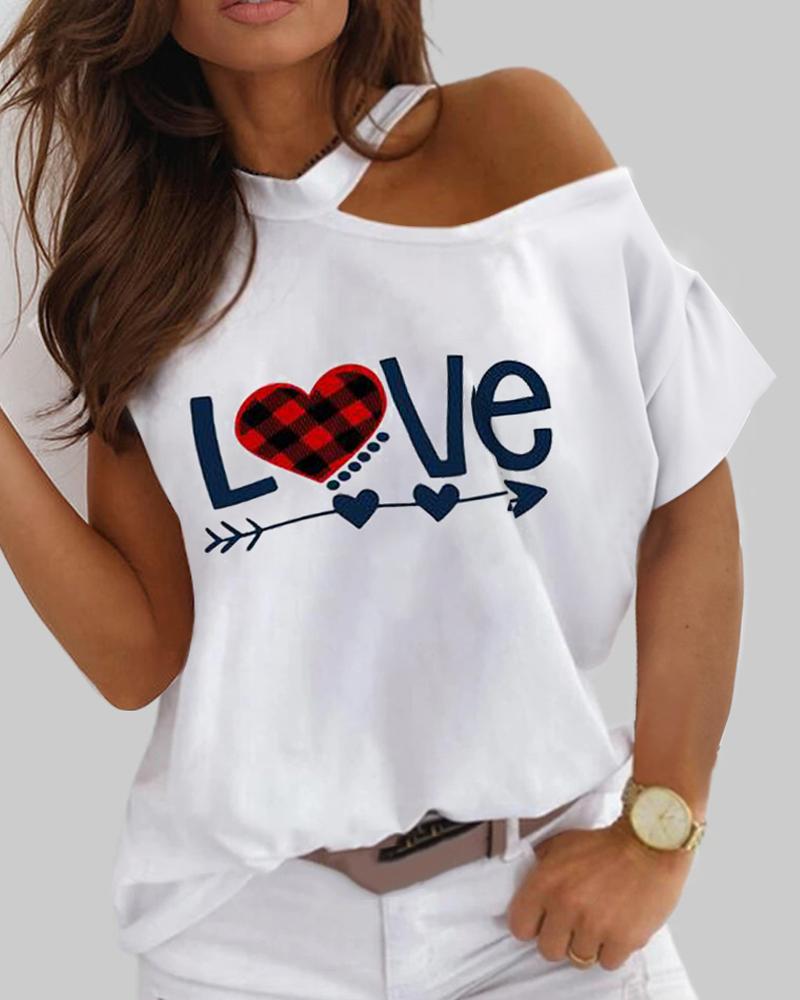 

Valentine' Day Letter Heart Print One Shoulder Top, White