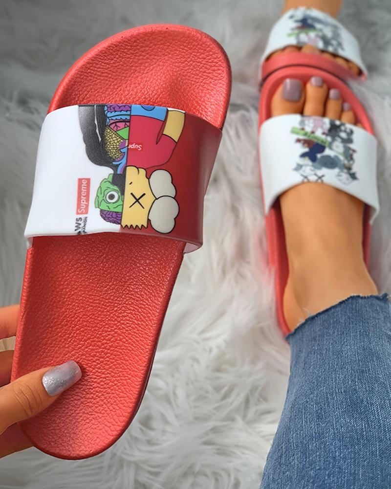 

Cartoon Pattern Non-Slip Flat Sandals, Red