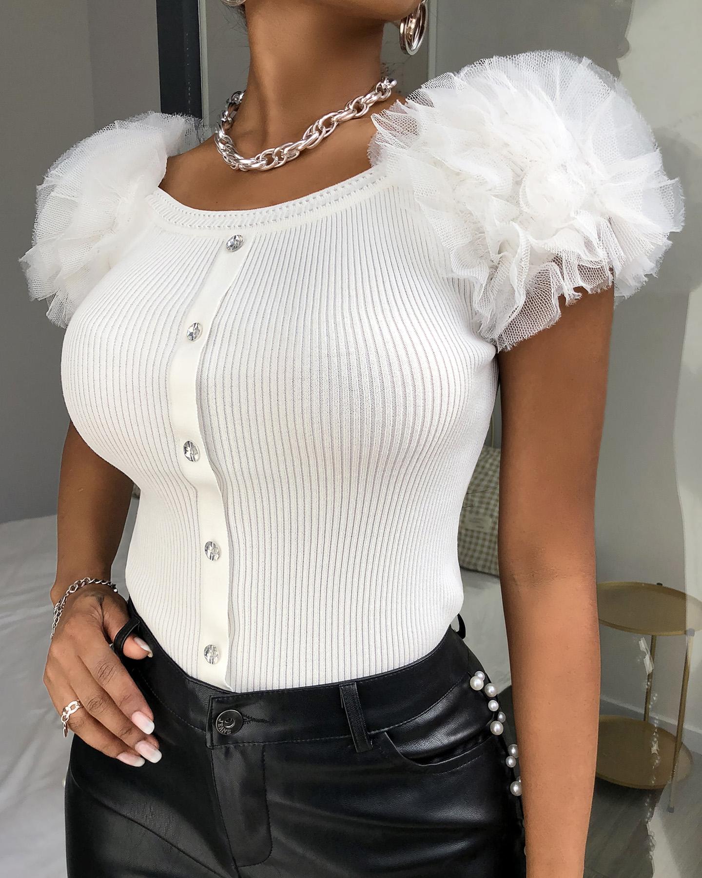 

Plain Mesh Sleeve Knit Top, White
