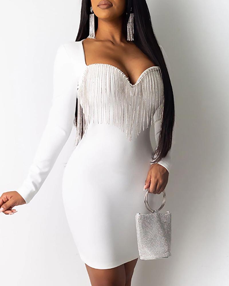 

Tassel Design Long Sleeve Bodycon Dress, White