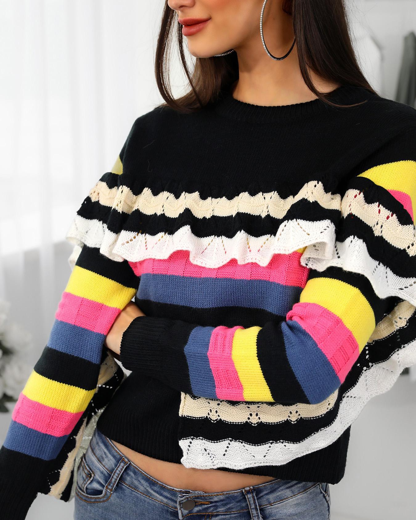 

Contrast Stripes Frills Long Sleeve Sweaters, Black