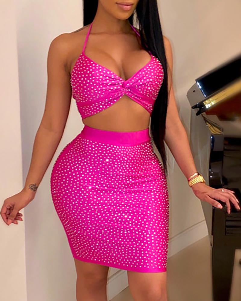 

Hot Stamping Backless Top & Skirt Sets, Hot pink