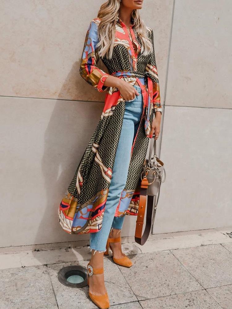 

Mixed Print Long Sleeve Belted Longline Coat, Multicolor