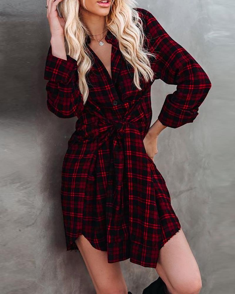 

Plaid Print Long Sleeve Shirt Dress, Red