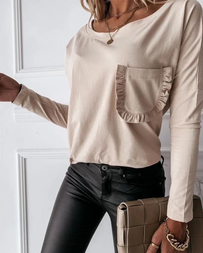 

Brief Solid Pocket Long Sleeve T-shirt, Beige