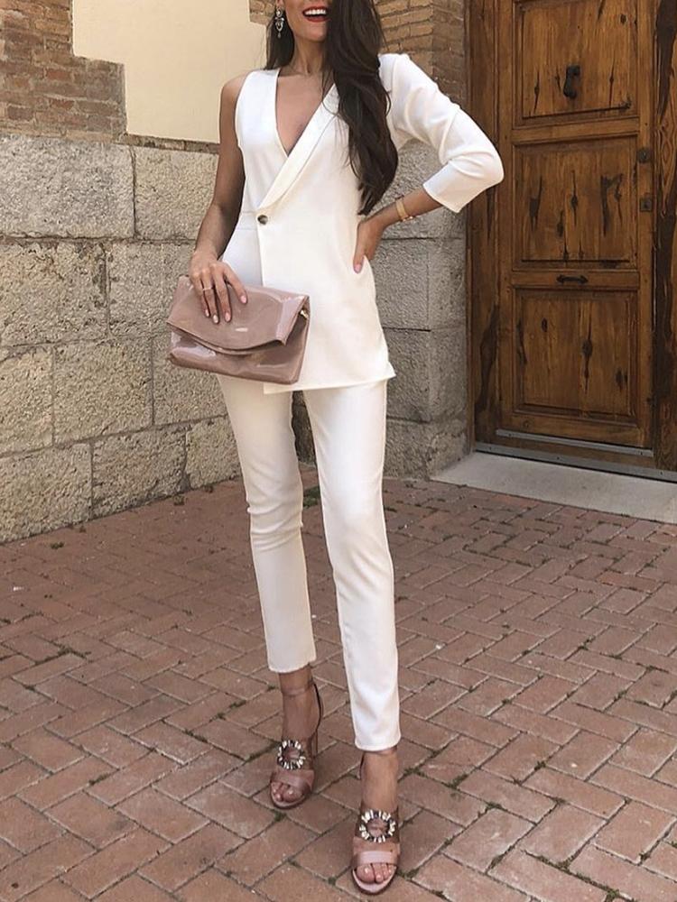 

Solid Deep V-Neck One Sleeve Blazer Suit Set