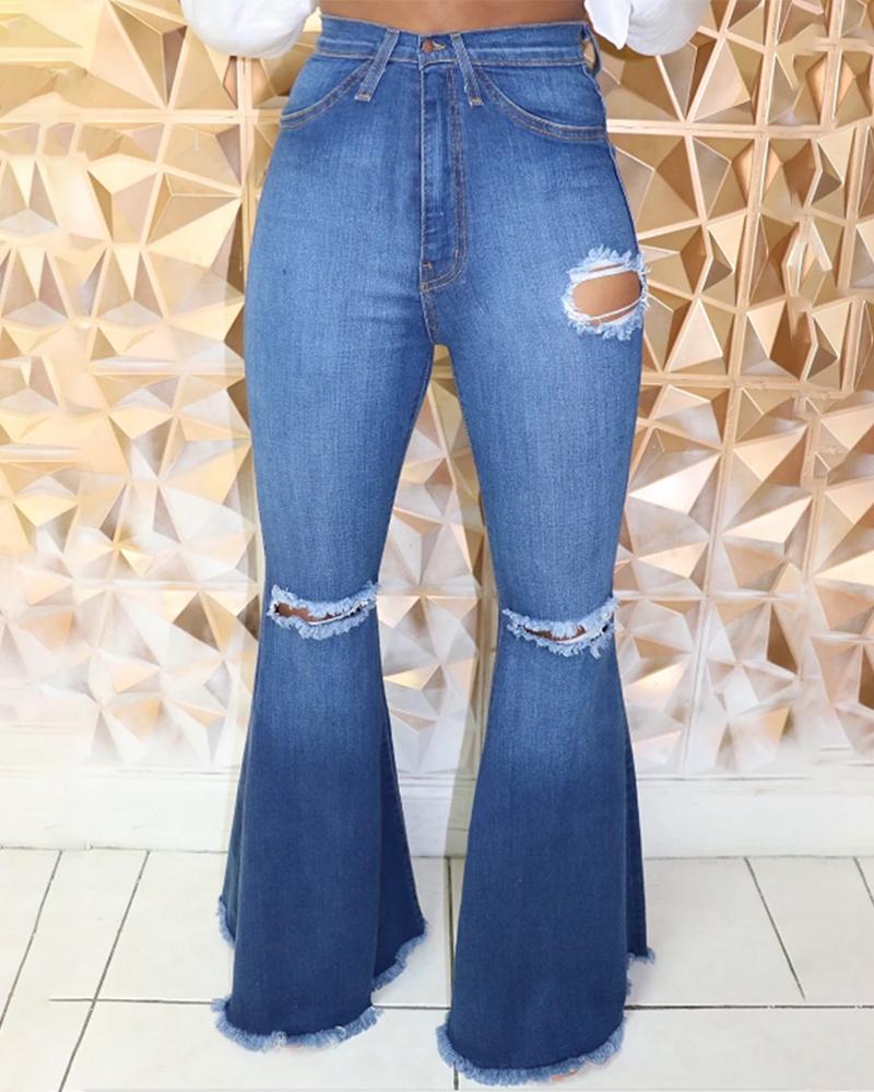 

High Waist Raw Cut Holey Flare Jeans, Blue