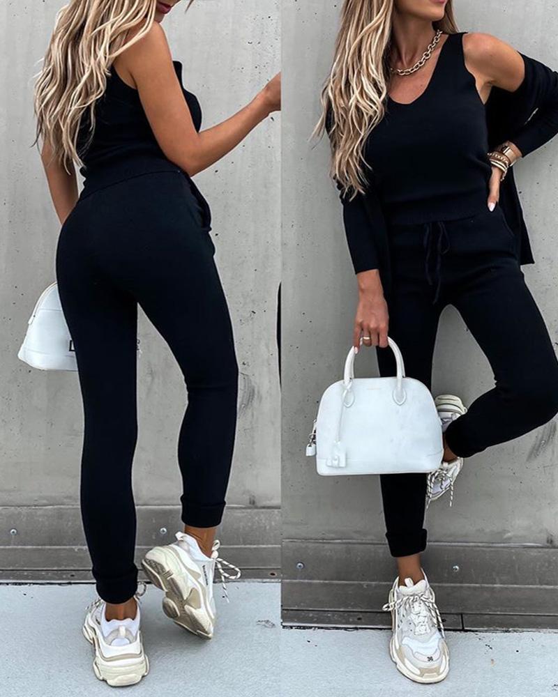 

Solid Tank & Long Sleeve Cardigan & Drawstring Pants Set, Black