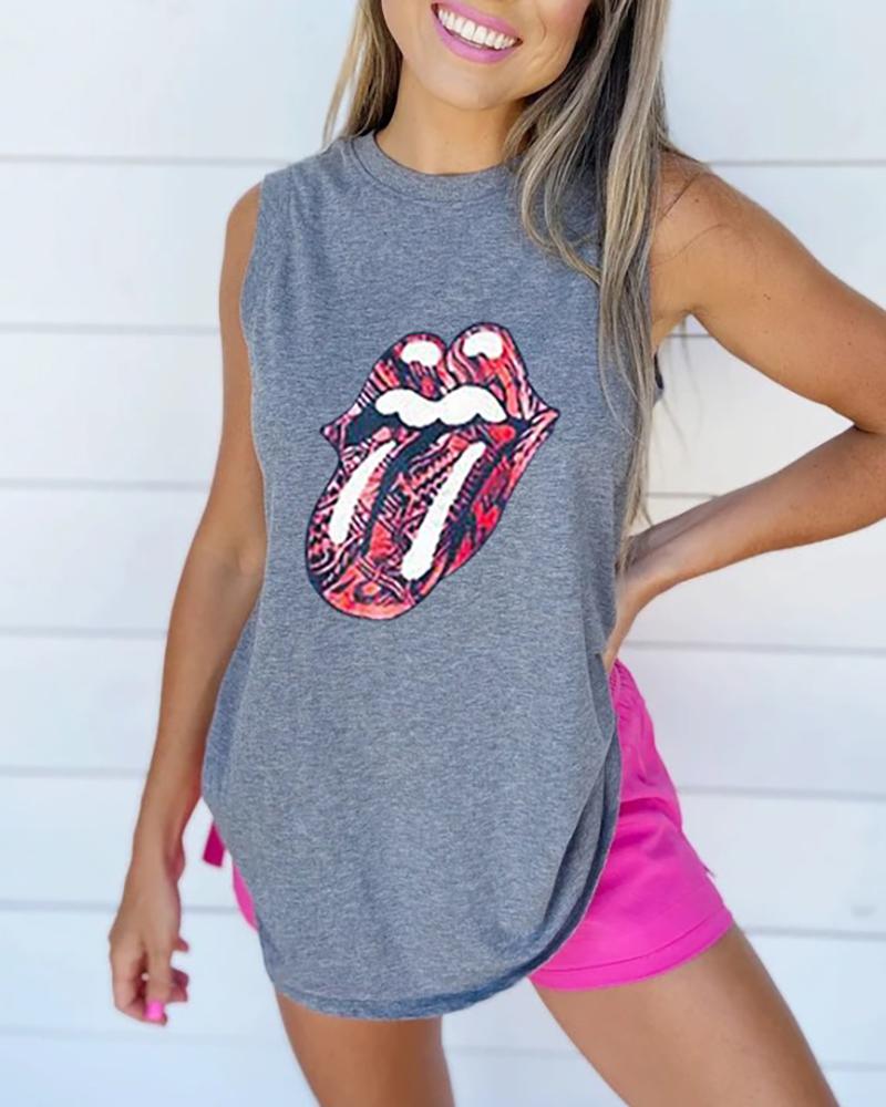 

Lip Print Casual Tank Top, Gray
