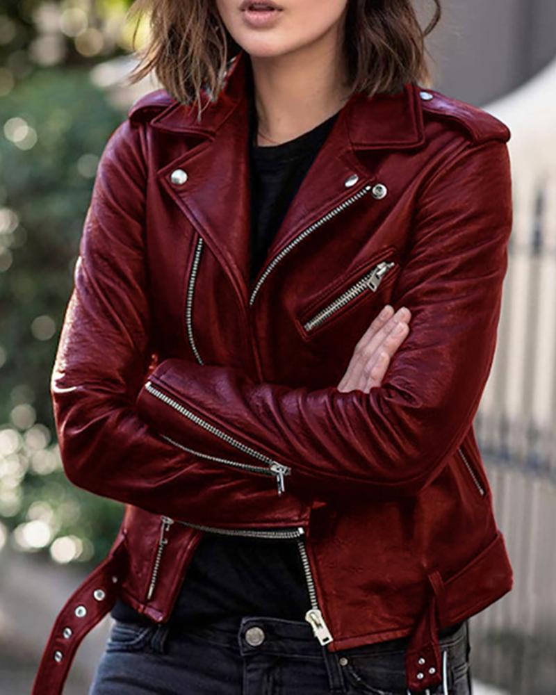

Zipper Button Design PU Leather Coat, Wine red