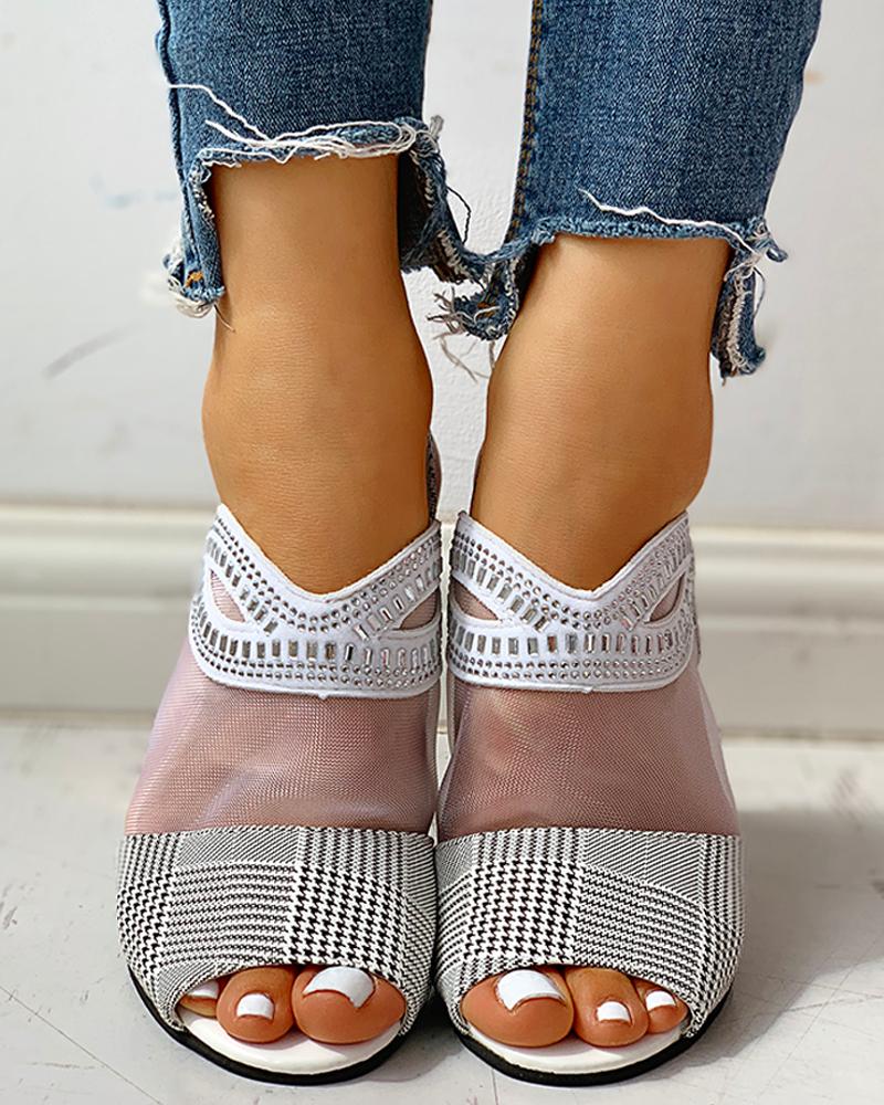

Studded Mesh PU Splicing Peep Toe Chunky Sandals, White