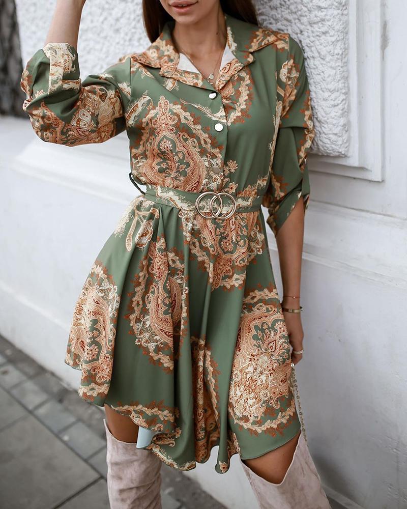 

Baroque Print Ruffles Button Design Shirt Dress, Green