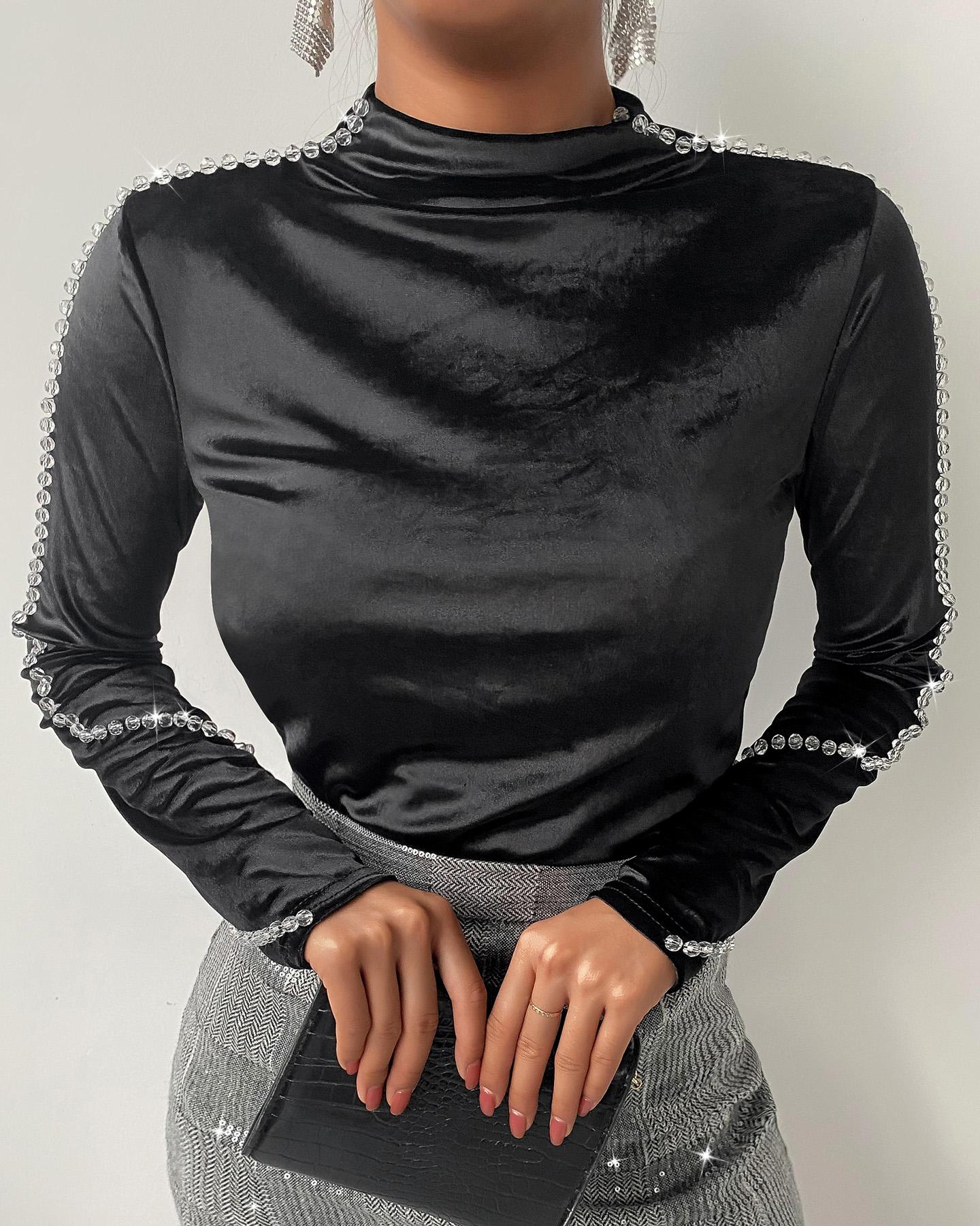 

Plain Long Sleeve Beaded Blouse, Black