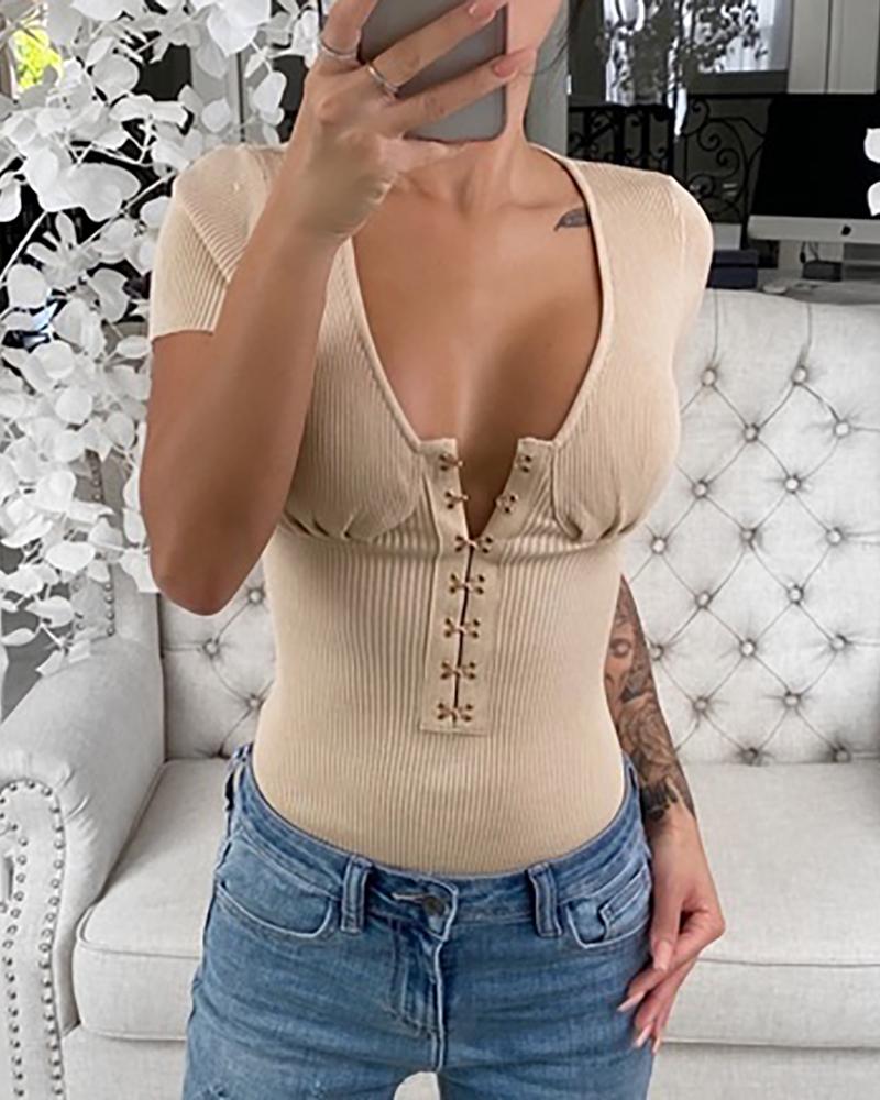 

Ribbed Short Sleeve Bottoned Design Bodysuit, Khaki