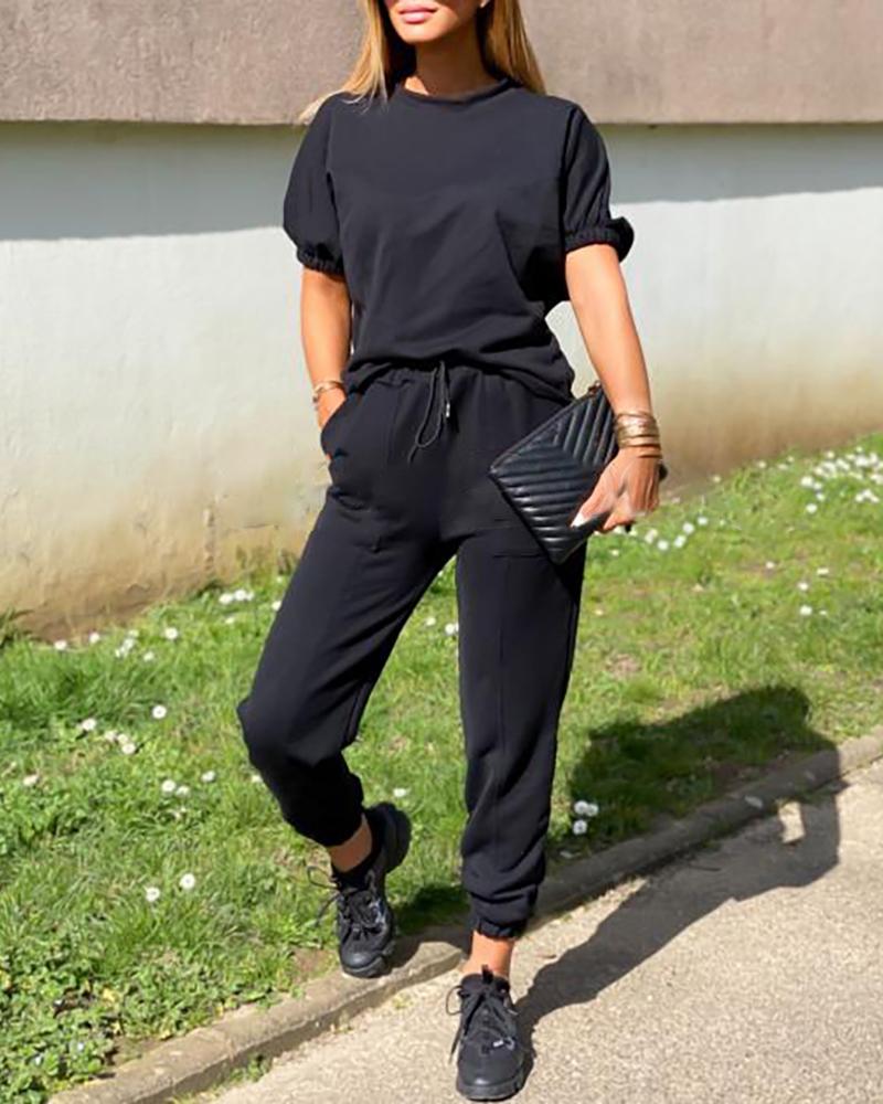 

Solid Short Sleeve Drawstring Top & Pant Sets, Black