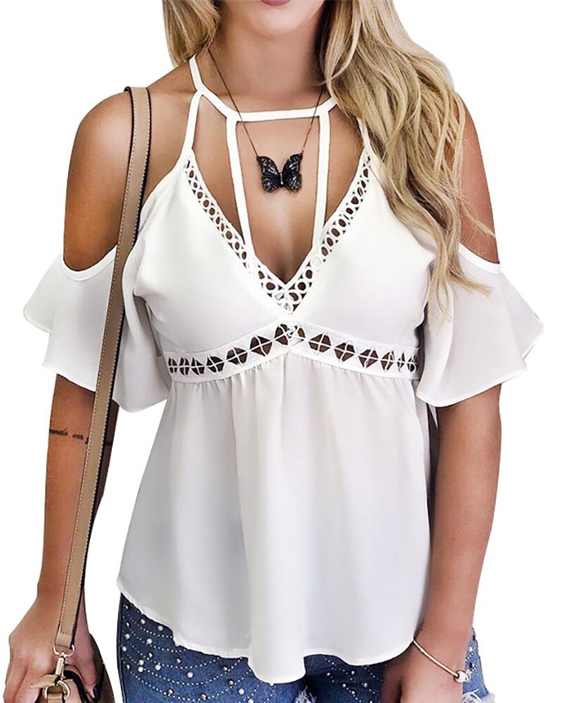

Cold Shoulder Hollow-Out V Neck Tops, White