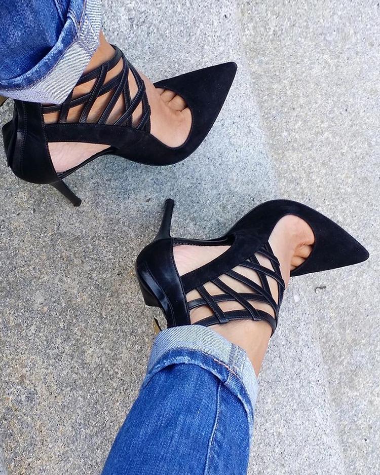 

Pointed Toe Hollow Out Thin Pumps, Black