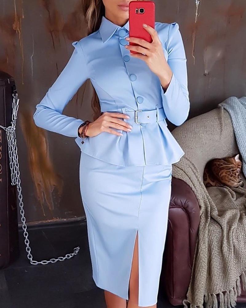 

Solid Single Breasted Peplum Slit Work Dress, Sky blue