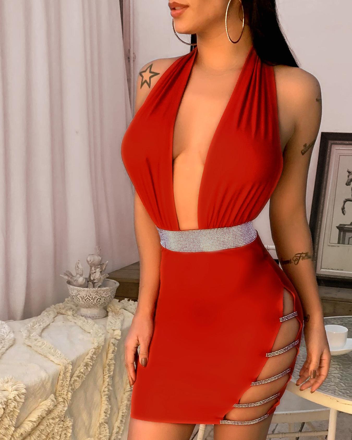 

Halter Ladder Cut Out Party Dress, Red