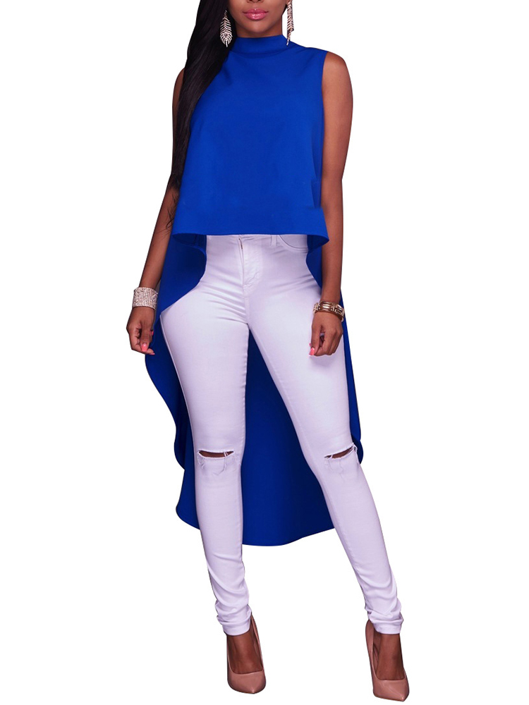 

Stylish Mock Neck High-low Hem Pleated Casual Top
