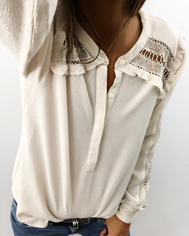 

Hollow Out Lace Insert Casual Shirt