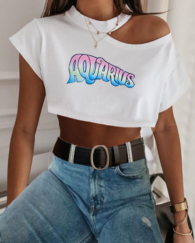 

Letter Print Cold Shoulder Casual T-shirt, White